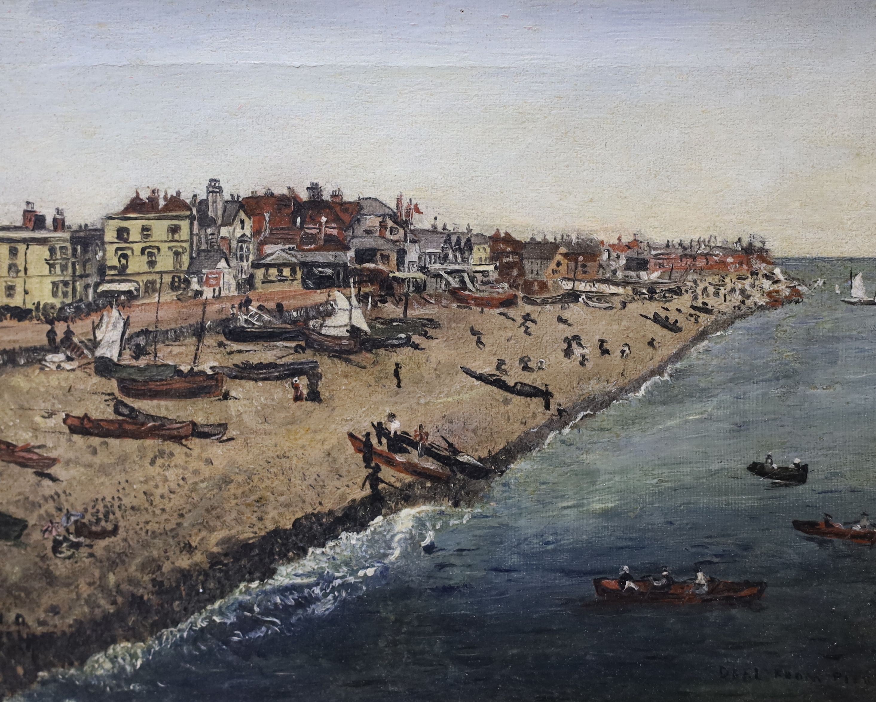 English School c.1900, oil on canvas, Primitive view of Deal, 20 x 25cm, a small oil of a country church and four assorted prints